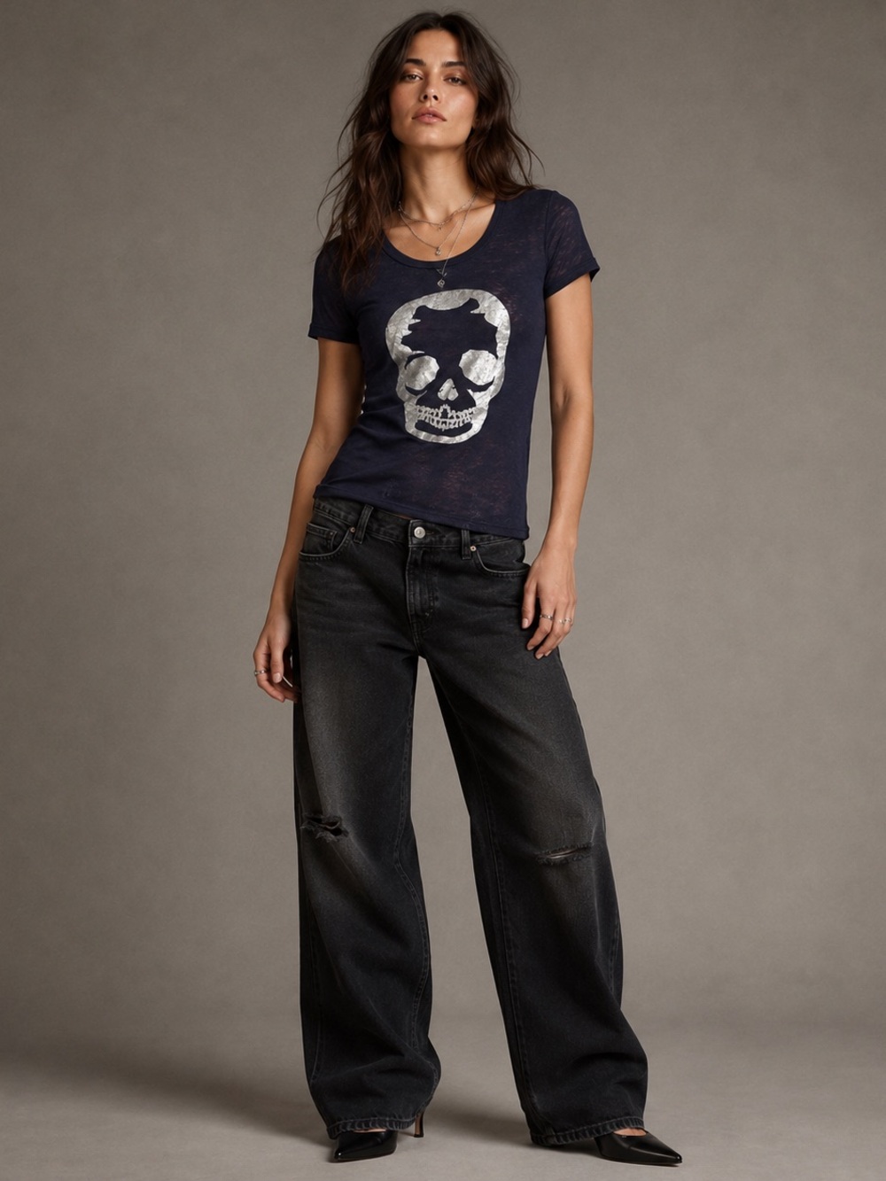 Zadig & Voltaire Navy Tee with Silver Skull